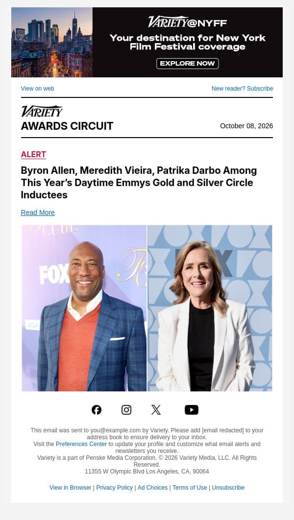 Byron Allen, Meredith Vieira, Patrika Darbo Among This Year’s Daytime Emmys Gold and Silver Circle Inductees email from Variety screenshot