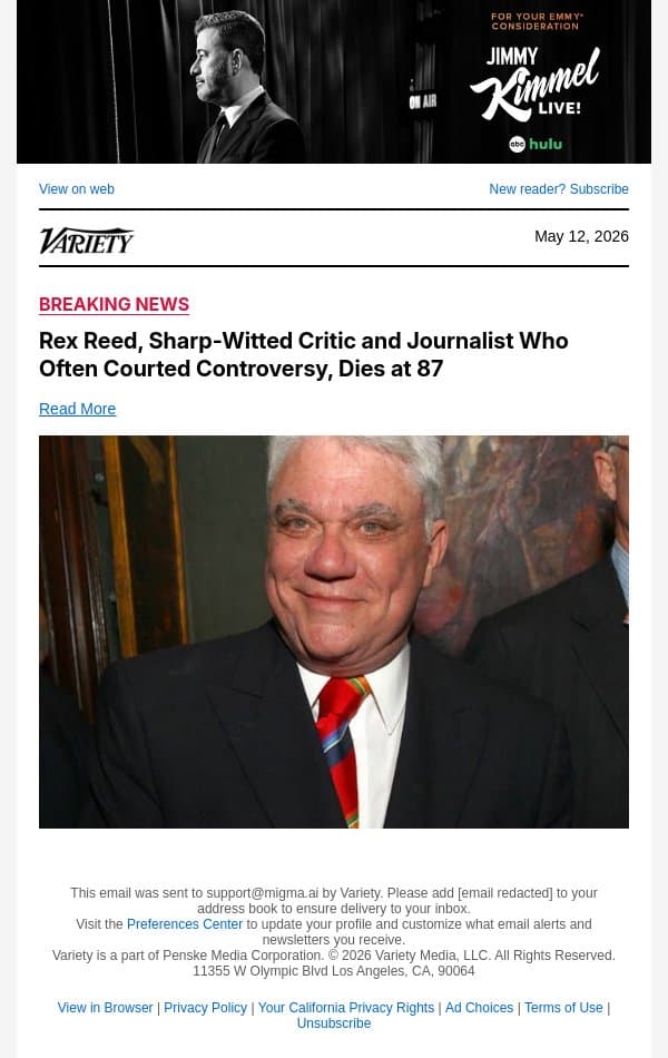 Rex Reed, Sharp-Witted Critic and Journalist Who Often Courted Controversy, Dies at 87 email from Variety screenshot