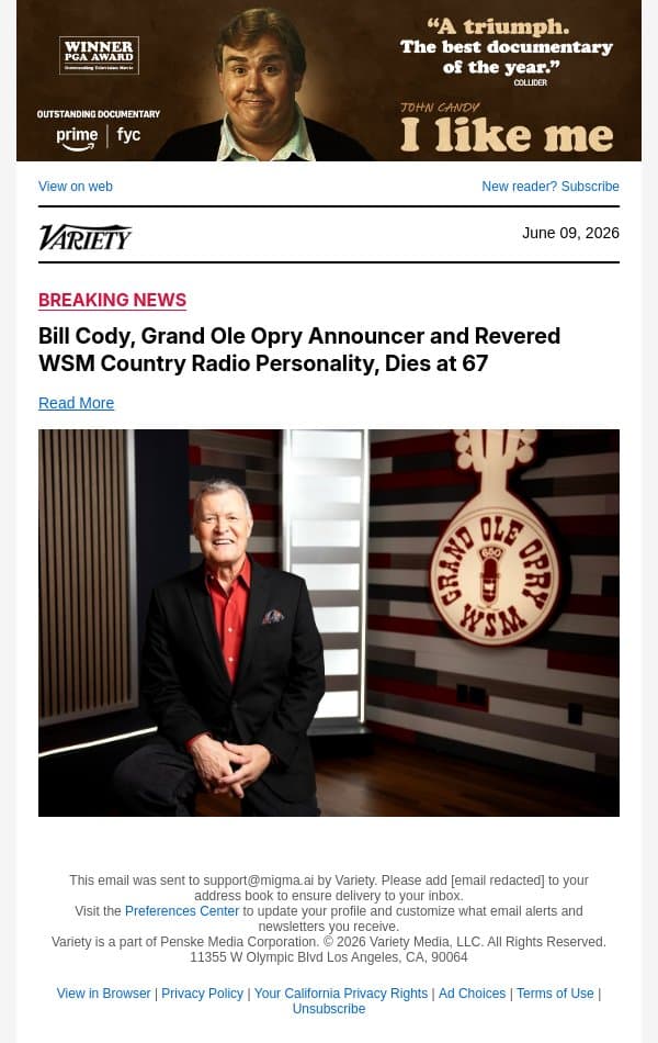 Bill Cody, Grand Ole Opry Announcer and Revered WSM Country Radio Personality, Dies at 67 email from Variety screenshot