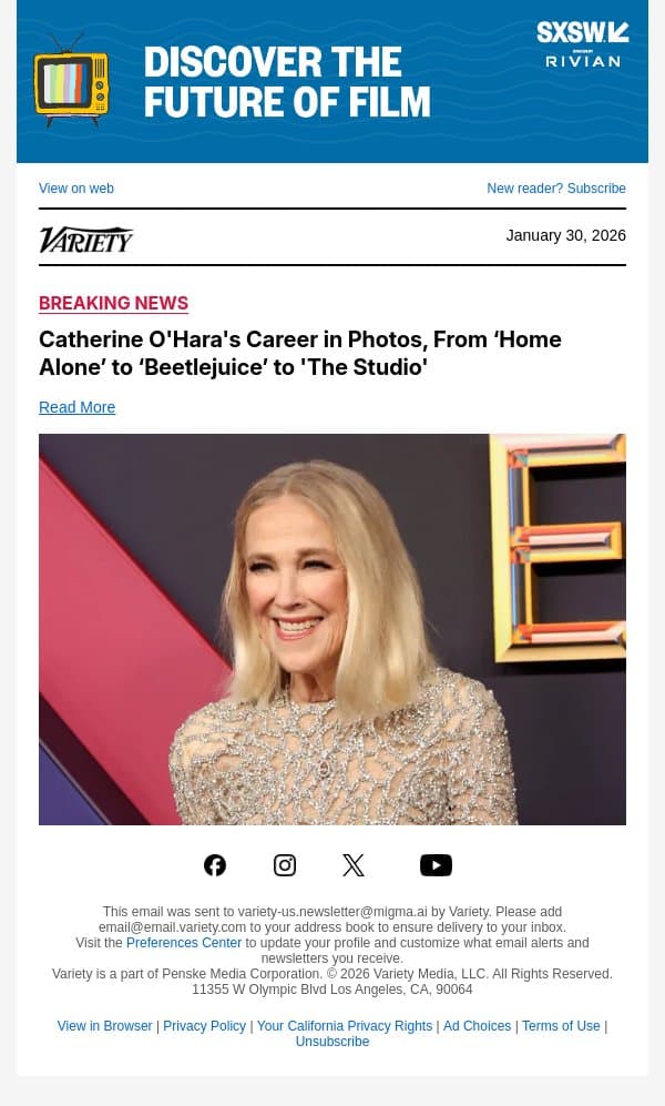 Catherine O'Hara's Career in Photos, From ‘Home Alone’ to ‘Beetlejuice’ to 'The Studio' email from Variety screenshot