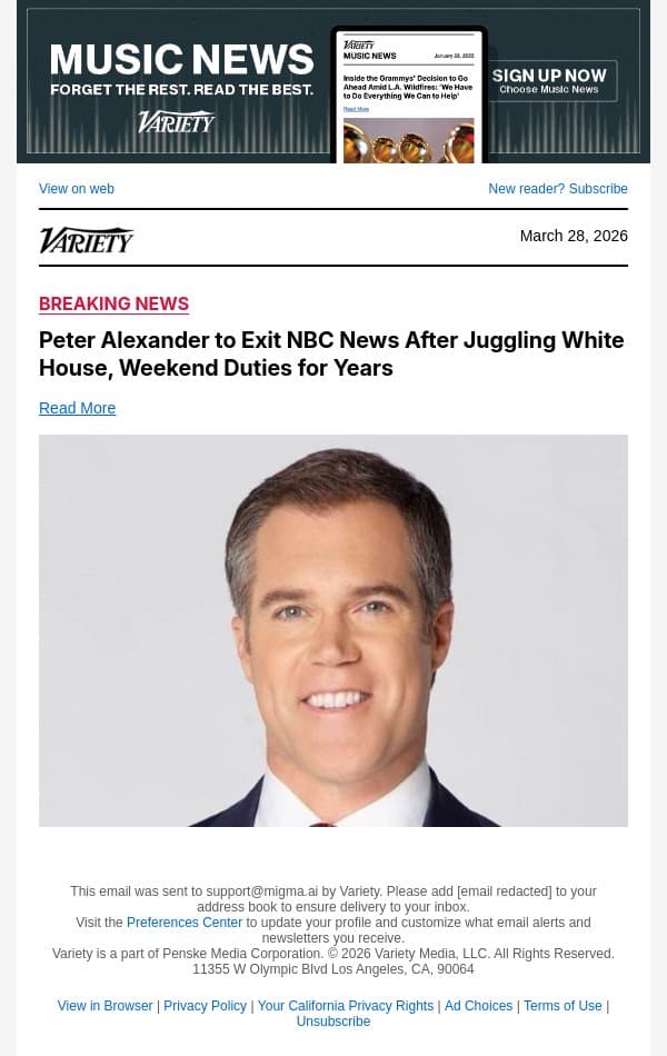 Peter Alexander to Exit NBC News After Juggling White House, Weekend Duties for Years email from Variety screenshot