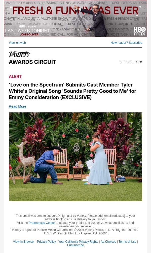 'Love on the Spectrum' Submits Cast Member Tyler White's Original Song 'Sounds Pretty Good to Me' for Emmy Consideration (EXCLUSIVE) email from Variety screenshot