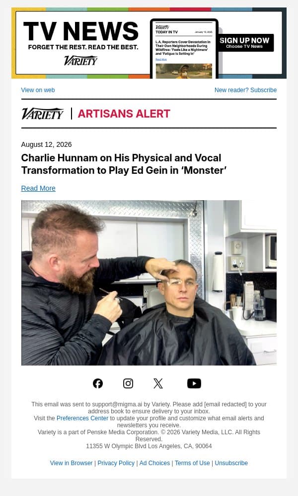 Charlie Hunnam on His Physical and Vocal Transformation to Play Ed Gein in ‘Monster’ email from Variety screenshot