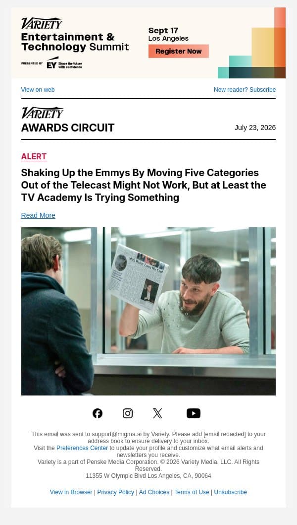 Shaking Up the Emmys By Moving Five Categories Out of the Telecast Might Not Work, But at Least the TV Academy Is Trying Something email from Variety screenshot
