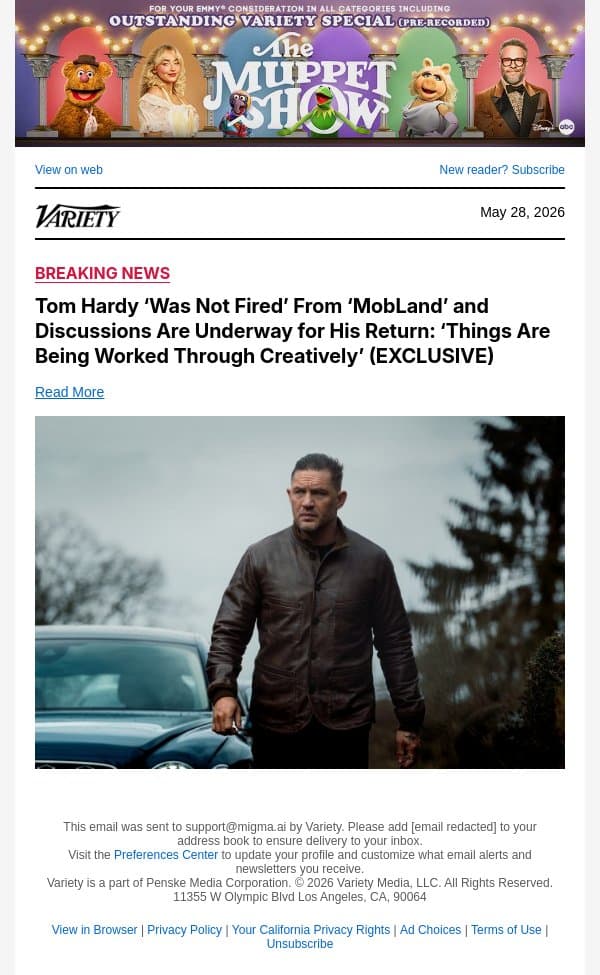 Tom Hardy ‘Was Not Fired’ From ‘MobLand’ and Discussions Are Underway for His Return: ‘Things Are Being Worked Through Creatively’ (EXCLUSIVE) email from Variety screenshot