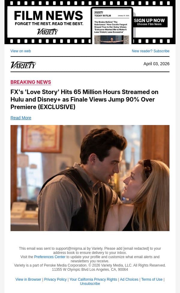 FX's 'Love Story' Hits 65 Million Hours Streamed on Hulu and Disney+ as Finale Views Jump 90% Over Premiere (EXCLUSIVE) email from Variety screenshot