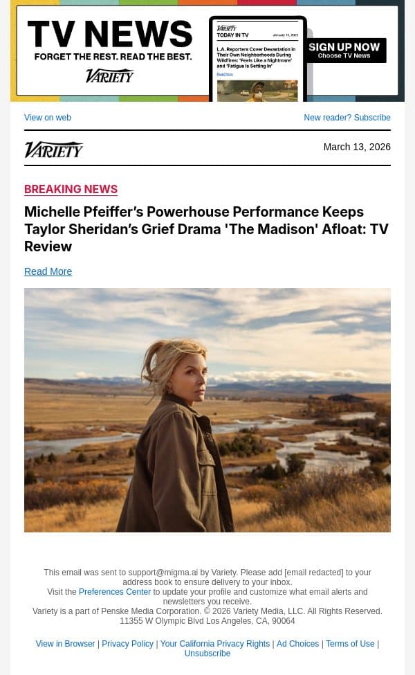 Michelle Pfeiffer’s Powerhouse Performance Keeps Taylor Sheridan’s Grief Drama 'The Madison' Afloat: TV Review email from Variety screenshot