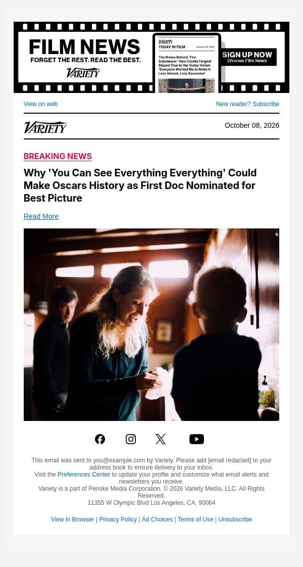 Why 'You Can See Everything Everything' Could Make Oscars History as First Doc Nominated for Best Picture email from Variety screenshot