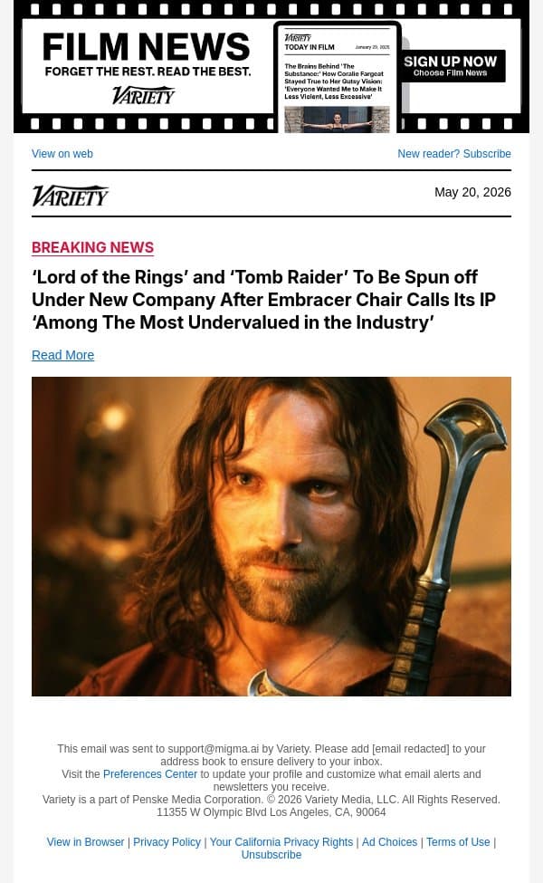 ‘Lord of the Rings’ and ‘Tomb Raider’ To Be Spun off Under New Company After Embracer Chair Calls Its IP ‘Among The Most Undervalued in the Industry’ email from Variety screenshot