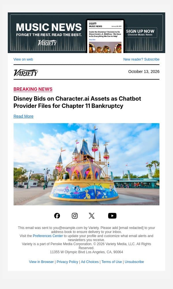 Disney Bids on Character.ai Assets as Chatbot Provider Files for Chapter 11 Bankruptcy email from Variety screenshot