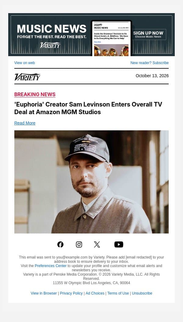 'Euphoria' Creator Sam Levinson Enters Overall TV Deal at Amazon MGM Studios email from Variety screenshot