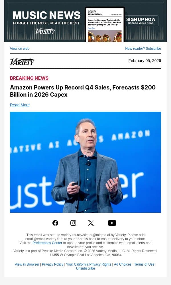 Amazon Powers Up Record Q4 Sales, Forecasts $200 Billion in 2026 Capex email from Variety screenshot