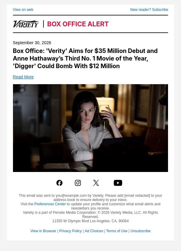 Box Office: 'Verity' Aims for $35 Million Debut and Anne Hathaway’s Third No. 1 Movie of the Year, 'Digger' Could Bomb With $12 Million email from Variety screenshot
