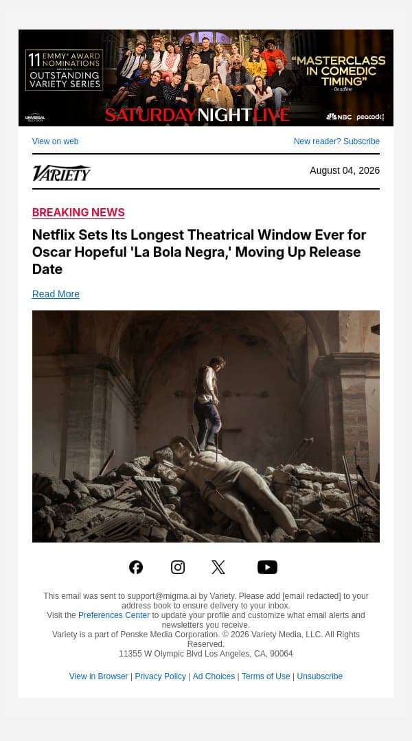 Netflix Sets Its Longest Theatrical Window Ever for Oscar Hopeful 'La Bola Negra,' Moving Up Release Date email from Variety screenshot