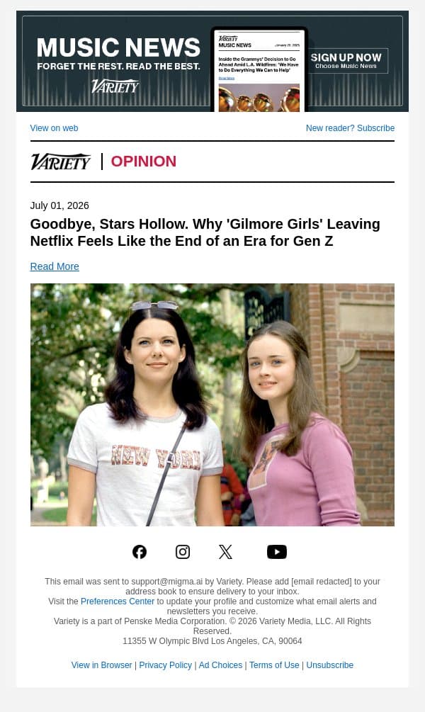 Goodbye, Stars Hollow. Why 'Gilmore Girls' Leaving Netflix Feels Like the End of an Era for Gen Z email from Variety screenshot