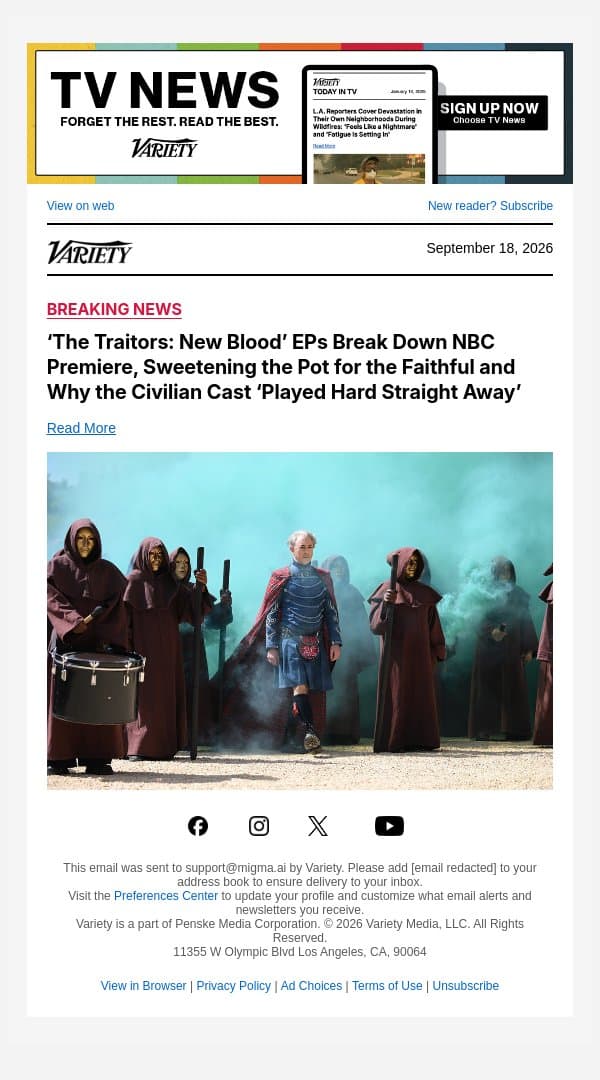 ‘The Traitors: New Blood’ EPs Break Down NBC Premiere, Sweetening the Pot for the Faithful and Why the Civilian Cast ‘Played Hard Straight Away’ email from Variety screenshot