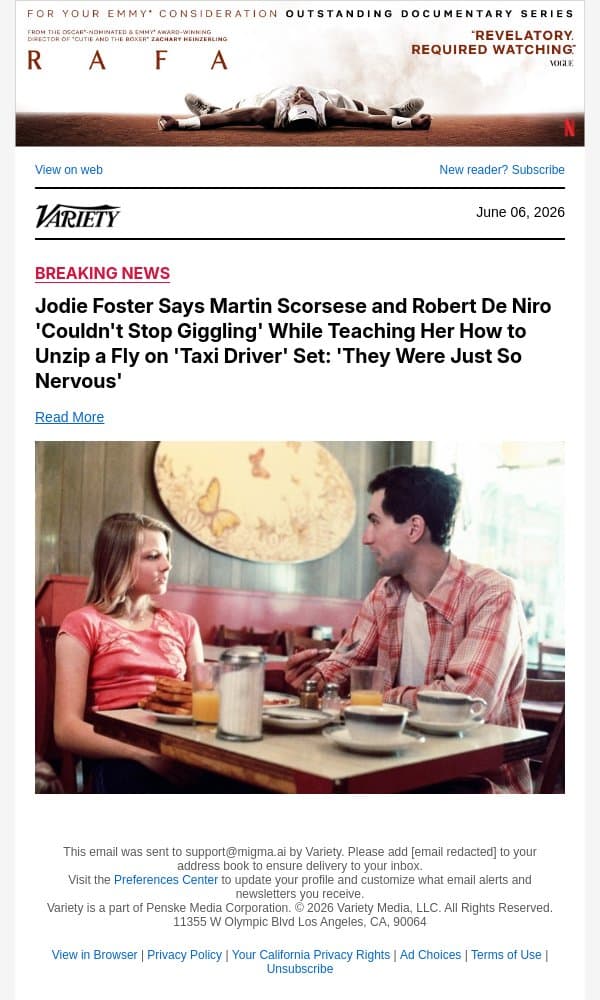 Jodie Foster Says Martin Scorsese and Robert De Niro 'Couldn't Stop Giggling' While Teaching Her How to Unzip a Fly on 'Taxi Driver' Set: 'They Were Just So Nervous' email from Variety screenshot