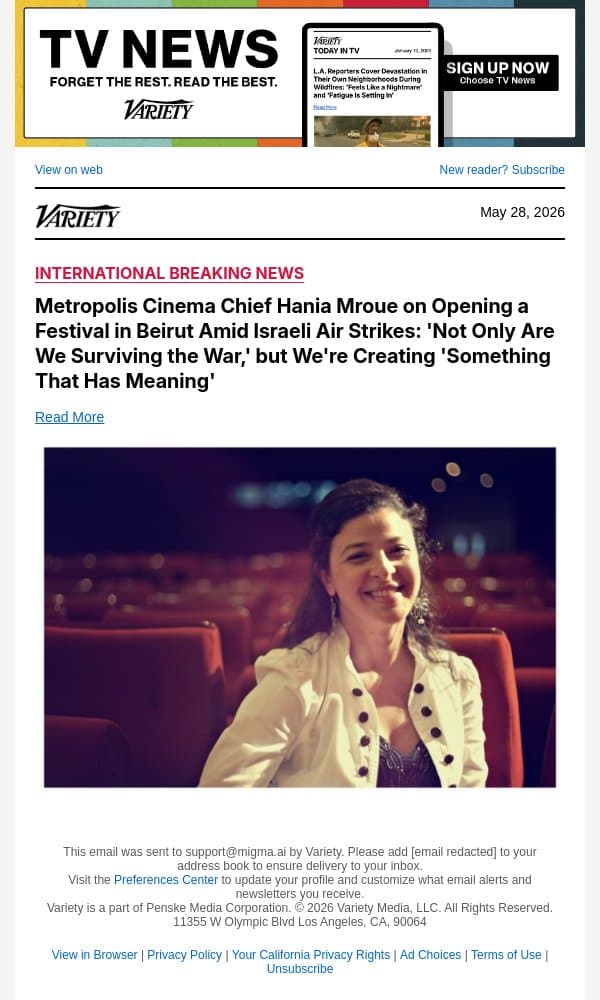 Metropolis Cinema Chief Hania Mroue on Opening a Festival in Beirut Amid Israeli Air Strikes: 'Not Only Are We Surviving the War,' but We're Creating 'Something That Has Meaning' email from Variety screenshot