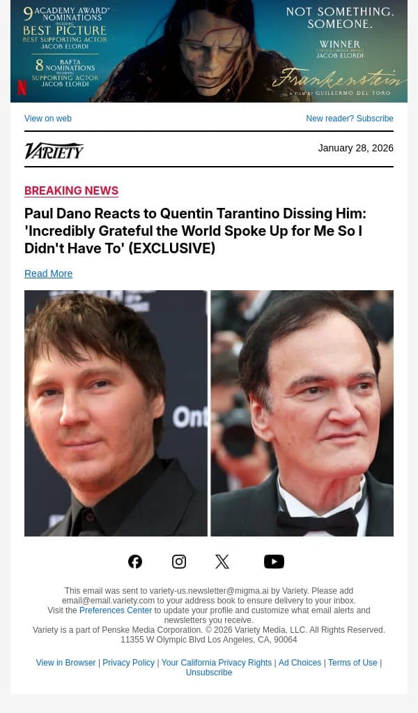 Paul Dano Reacts to Quentin Tarantino Dissing Him: 'Incredibly Grateful the World Spoke Up for Me So I Didn't Have To' (EXCLUSIVE) email from Variety screenshot