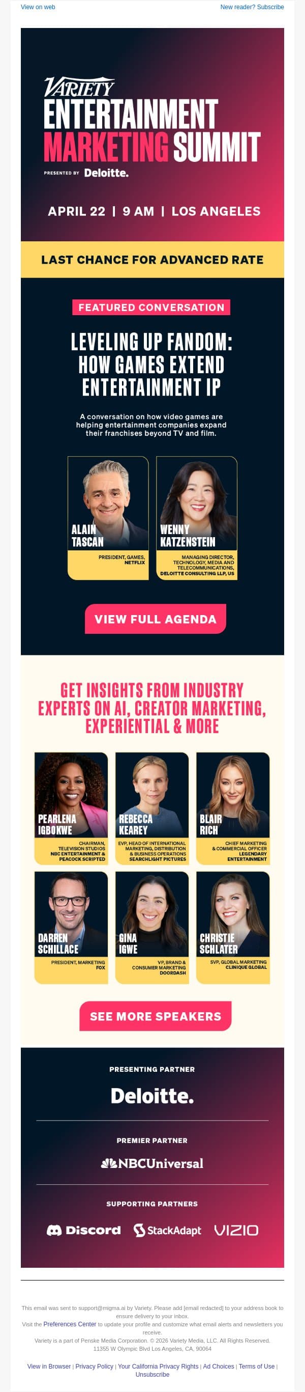 Last Chance for Advanced Rate to Variety's Entertainment Marketing Summit - April 22 email from Variety screenshot