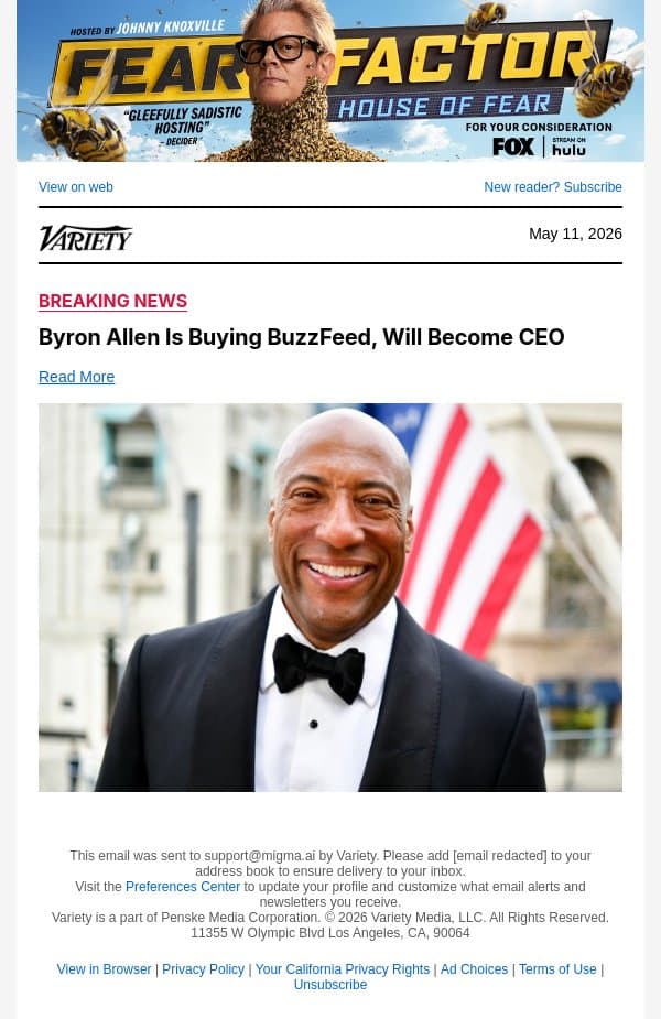 Byron Allen Is Buying BuzzFeed, Will Become CEO email from Variety screenshot