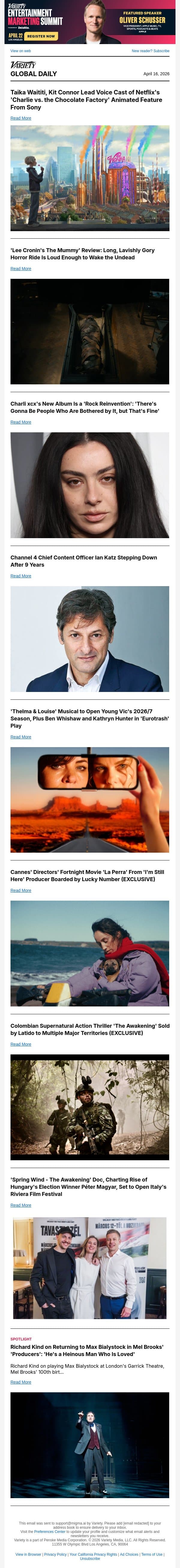 'Charlie vs. the Chocolate Factory' Movie; 'Lee Cronin's The Mummy' Review; Charli xcx's New Album email from Variety screenshot