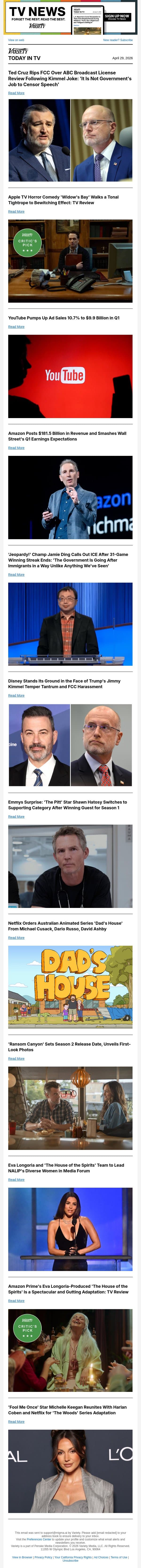Ted Cruz Rips FCC; 'Widow's Bay' Review; YouTube Ad Sales Soar email from Variety screenshot