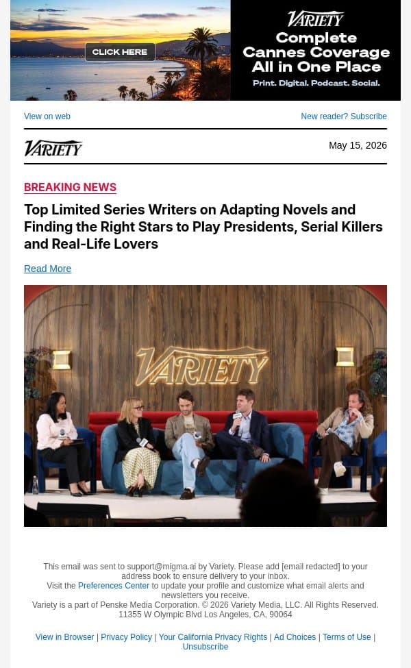 Top Limited Series Writers on Adapting Novels and Finding the Right Stars to Play Presidents, Serial Killers and Real-Life Lovers email from Variety screenshot