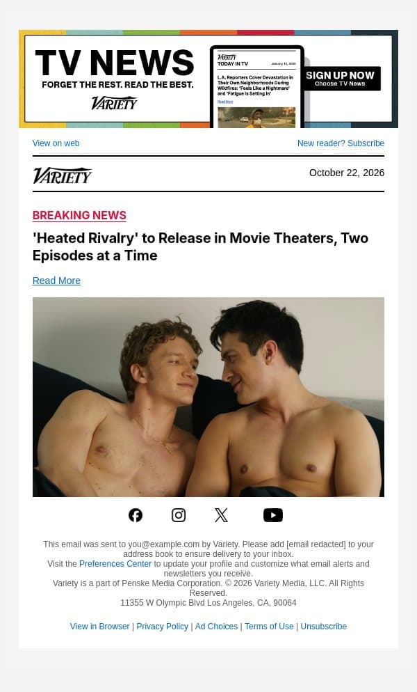 'Heated Rivalry' to Release in Movie Theaters, Two Episodes at a Time email from Variety screenshot
