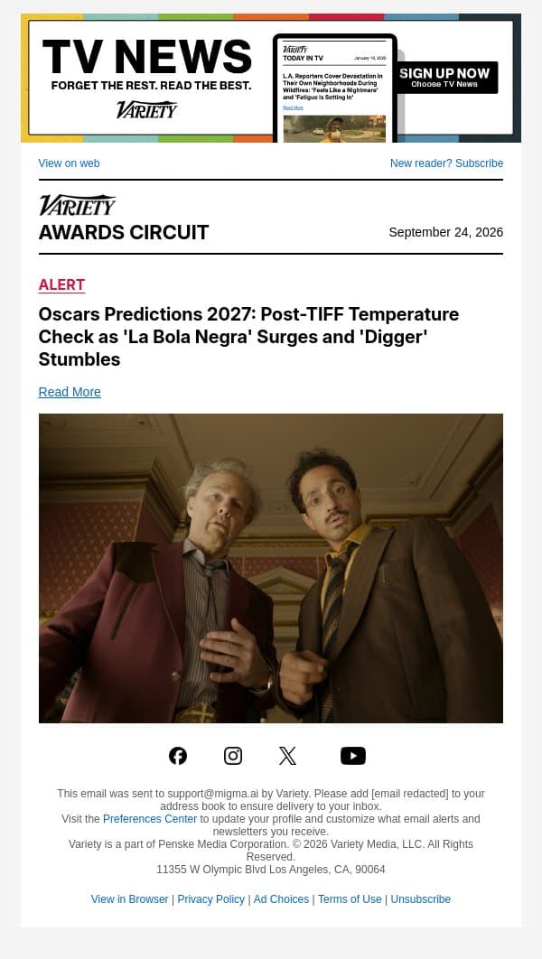 Oscars Predictions 2027: Post-TIFF Temperature Check as 'La Bola Negra' Surges and 'Digger' Stumbles email from Variety screenshot