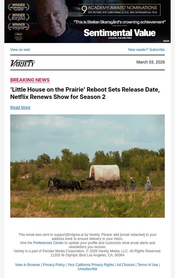 'Little House on the Prairie' Reboot Sets Release Date, Netflix Renews Show for Season 2 email from Variety screenshot