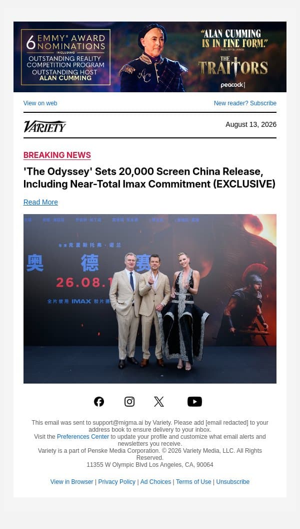 'The Odyssey' Sets 20,000 Screen China Release, Including Near-Total Imax Commitment (EXCLUSIVE) email from Variety screenshot
