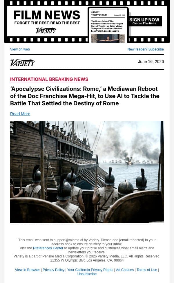 ‘Apocalypse Civilizations: Rome,’ a Mediawan Reboot of the Doc Franchise Mega-Hit, to Use AI to Tackle the Battle That Settled the Destiny of Rome email from Variety screenshot