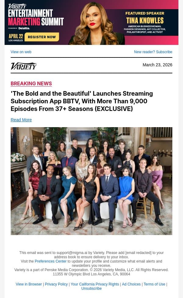 'The Bold and the Beautiful' Launches Streaming Subscription App BBTV, With More Than 9,000 Episodes From 37+ Seasons (EXCLUSIVE) email from Variety screenshot