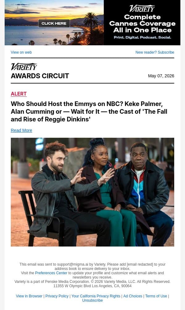 Who Should Host the Emmys on NBC? Keke Palmer, Alan Cumming or — Wait for It — the Cast of 'The Fall and Rise of Reggie Dinkins' email from Variety screenshot