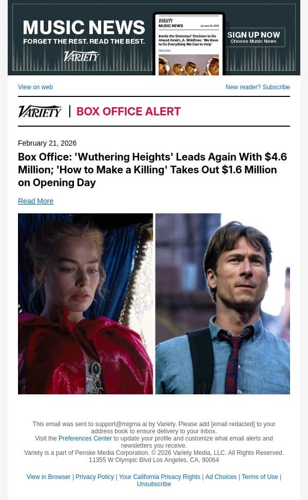 Box Office: 'Wuthering Heights' Leads Again With $4.6 Million; 'How to Make a Killing' Takes Out $1.6 Million on Opening Day email from Variety screenshot