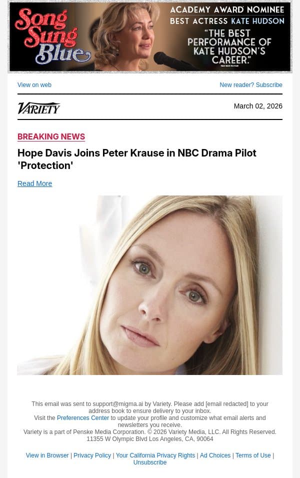Hope Davis Joins Peter Krause in NBC Drama Pilot 'Protection' email from Variety screenshot