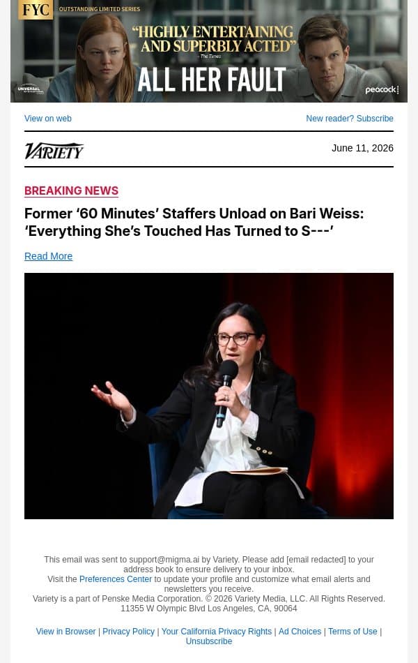 Former ‘60 Minutes’ Staffers Unload on Bari Weiss: ‘Everything She’s Touched Has Turned to S---’ email from Variety screenshot