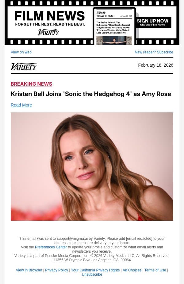 Kristen Bell Joins 'Sonic the Hedgehog 4' as Amy Rose email from Variety screenshot