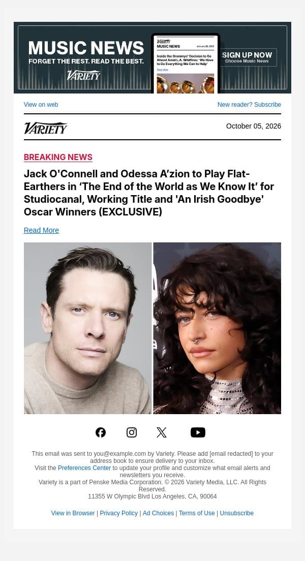 Jack O'Connell and Odessa A’zion to Play Flat-Earthers in ‘The End of the World as We Know It’ for Studiocanal, Working Title and 'An Irish Goodbye' Oscar Winners (EXCLUSIVE) email from Variety screenshot