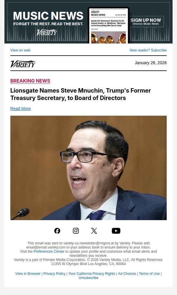 Lionsgate Names Steve Mnuchin, Trump's Former Treasury Secretary, to Board of Directors email from Variety screenshot