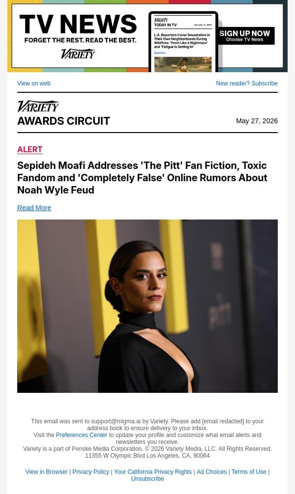 Sepideh Moafi Addresses 'The Pitt' Fan Fiction, Toxic Fandom and 'Completely False' Online Rumors About Noah Wyle Feud email from Variety screenshot