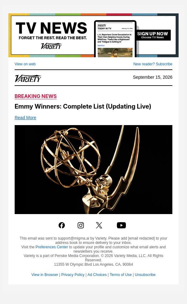 Emmy Winners: Complete List (Updating Live) email from Variety screenshot