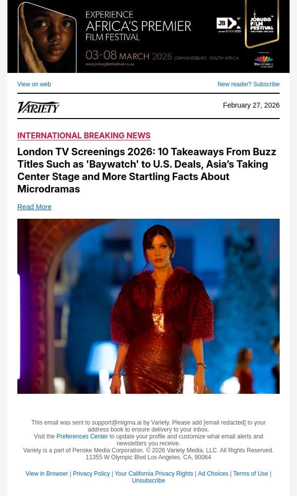 London TV Screenings 2026: 10 Takeaways From Buzz Titles Such as 'Baywatch' to U.S. Deals, Asia’s Taking Center Stage and More Startling Facts About Microdramas email from Variety screenshot
