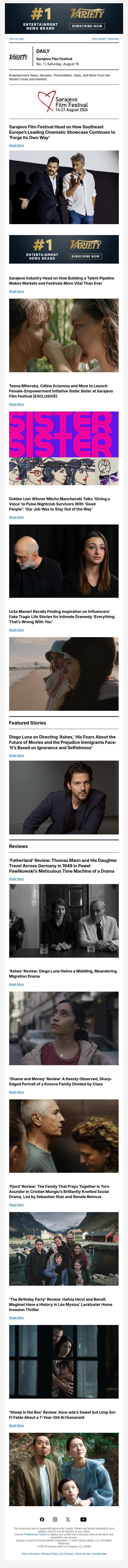 Sarajevo Festival's 'Spirit'; Building a Talent Pipeline; Female Empowerment Initiative email from Variety screenshot