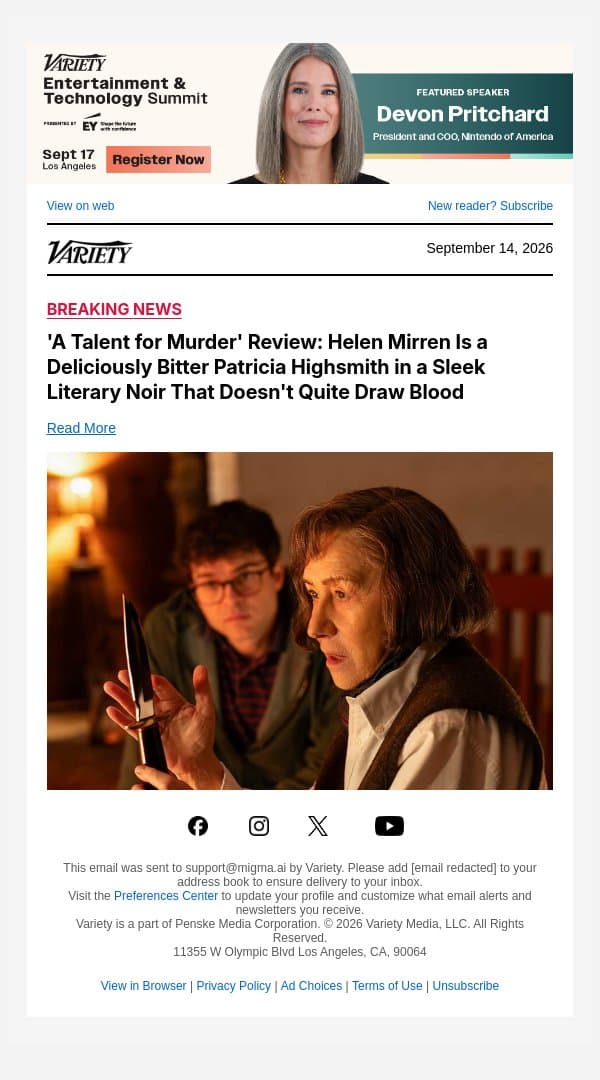 'A Talent for Murder' Review: Helen Mirren Is a Deliciously Bitter Patricia Highsmith in a Sleek Literary Noir That Doesn't Quite Draw Blood email from Variety screenshot