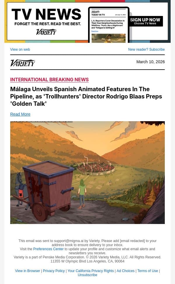 Málaga Unveils Spanish Animated Features In The Pipeline, as 'Trollhunters' Director Rodrigo Blaas Preps 'Golden Talk' email from Variety screenshot