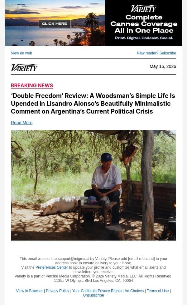‘Double Freedom’ Review: A Woodsman’s Simple Life Is Upended in Lisandro Alonso’s Beautifully Minimalistic Comment on Argentina’s Current Political Crisis email from Variety screenshot