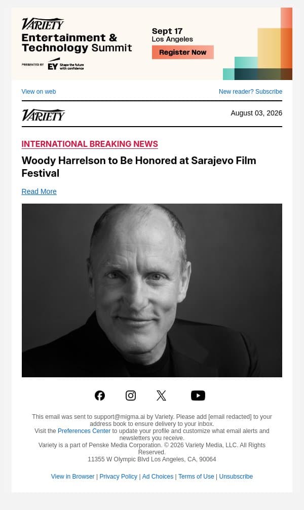 Woody Harrelson to Be Honored at Sarajevo Film Festival email from Variety screenshot