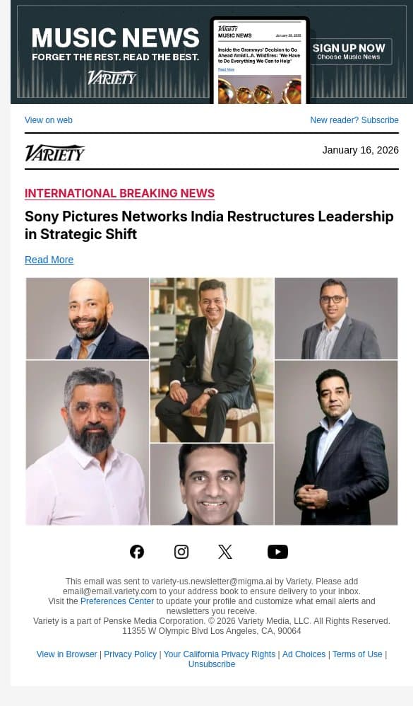Sony Pictures Networks India Restructures Leadership in Strategic Shift email from Variety screenshot